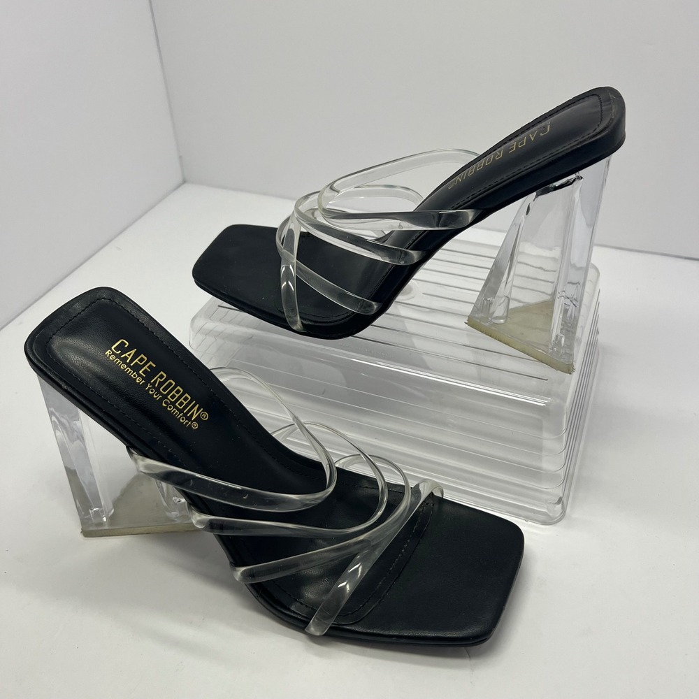 CAPE ROBIN Happier Sandals Women 7.5 Black Clear Good Lucite Heel Square Toe